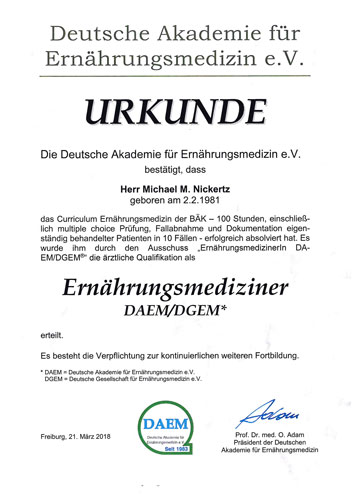 Urkunde: Ernährungsmediziner DAEM/DGEM M. M. Nickertz