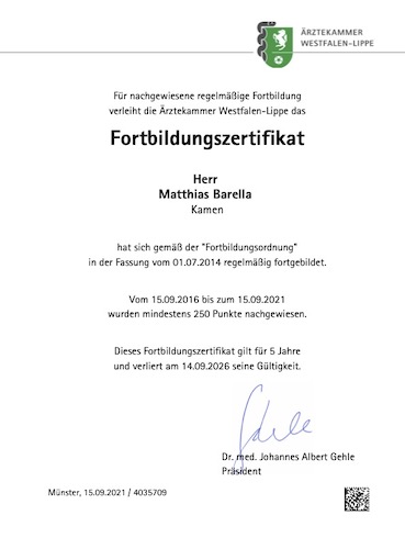 Fortbildungszertifikat Matthias Barella der Ärztekammer Westfalen-Lippe