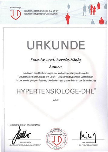 Urkunde: Dr. med. K. König als Hypertensiologe-DHL